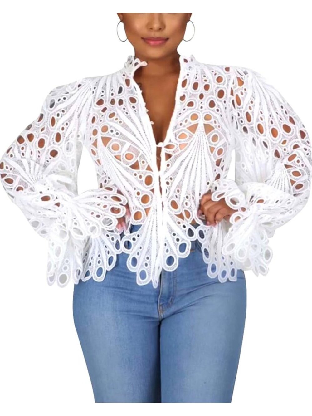 🆕Women’s All White Lace Ruffle Puff Long Sleeve Button Down Tops Flare Tunic